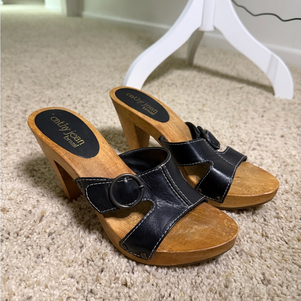 Cathy Jean Black Leather Mules with Wooden Heel